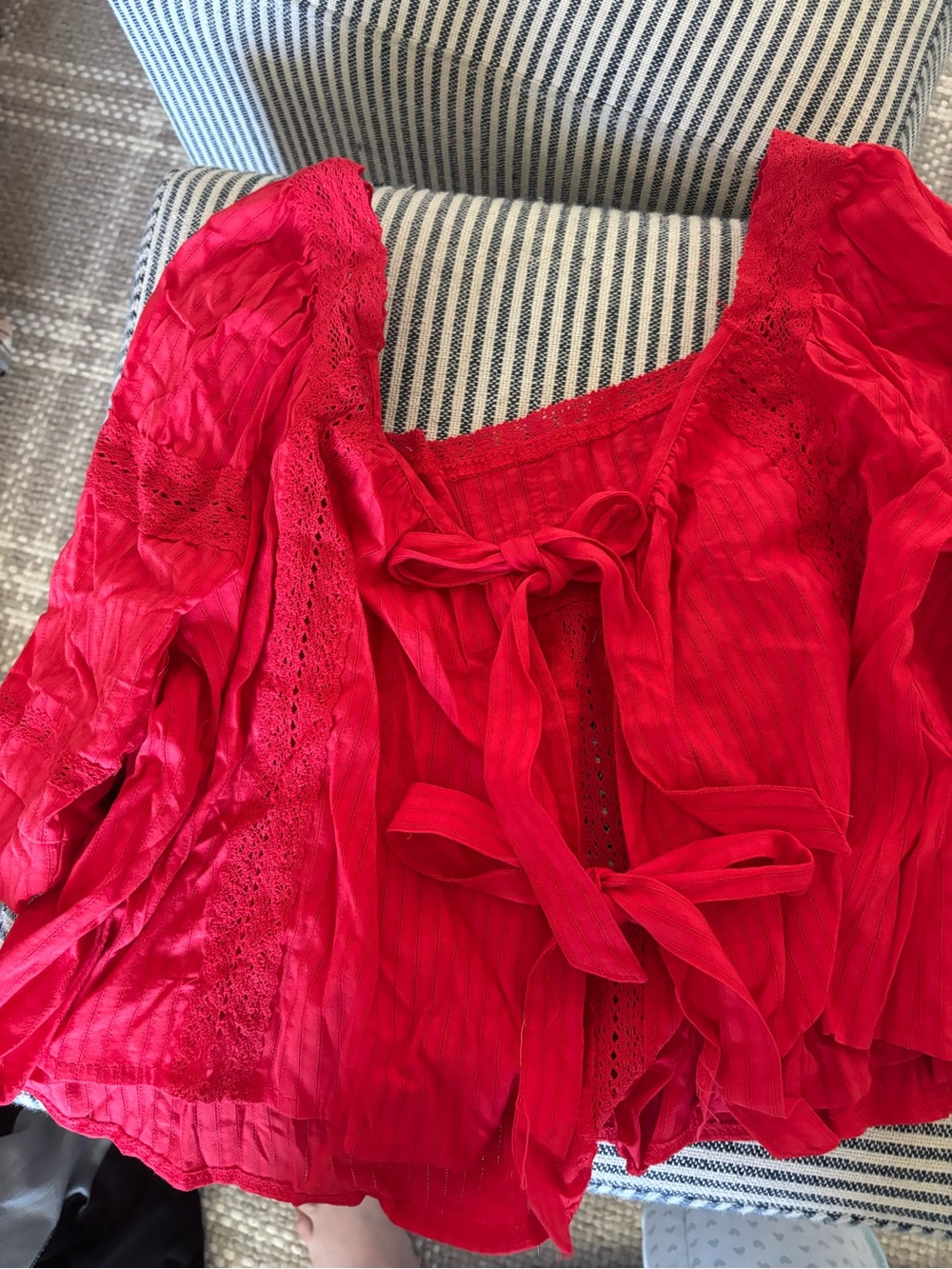Red Tie-back Lace Trim Blouse